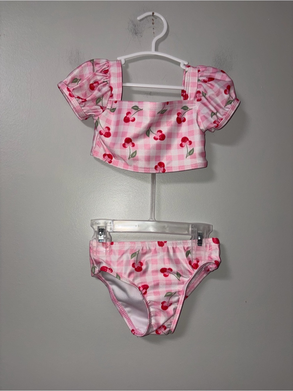 Minnie Mouse Pink White Gingham 2 Piece Cherry Print Swimsuit Girls 18M